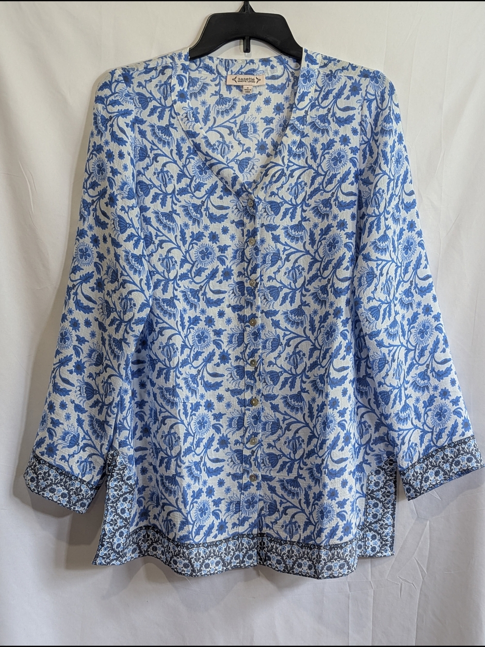 Nanette by Nanette Lepore Blue White Floral Boho Blouse Button Front S
